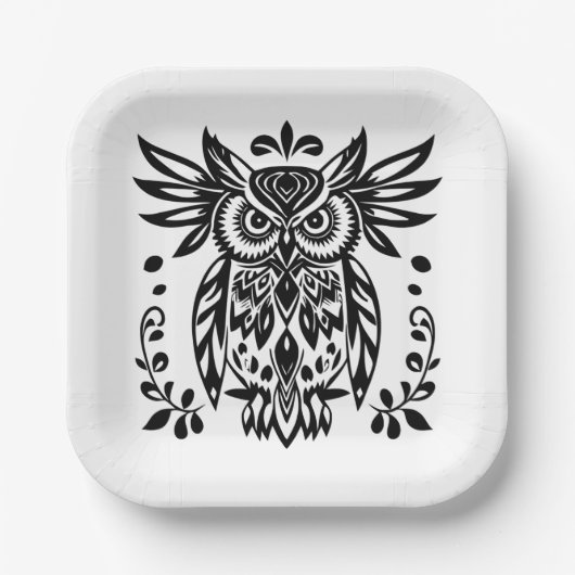 Owl Lovers Rustic Woodlands Black White Bohemian  Papieren Bordje (Voorkant)