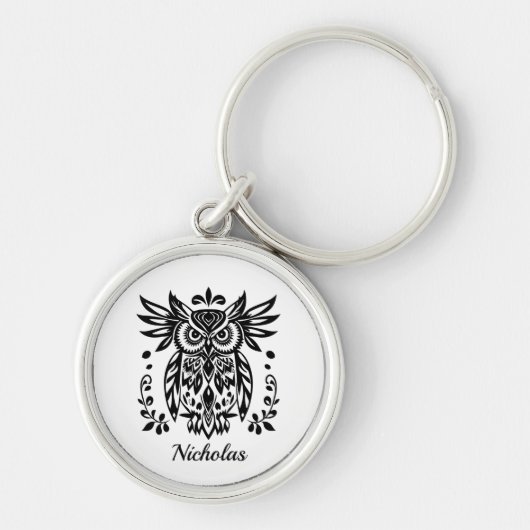 Owl Lovers Rustic Woodlands Black White Bohemian  Sleutelhanger (Voorkant)