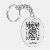 Owl Lovers Rustic Woodlands Black White Bohemian Sleutelhanger (Voorkant Links)
