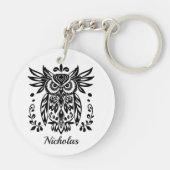 Owl Lovers Rustic Woodlands Black White Bohemian Sleutelhanger (Achterkant)