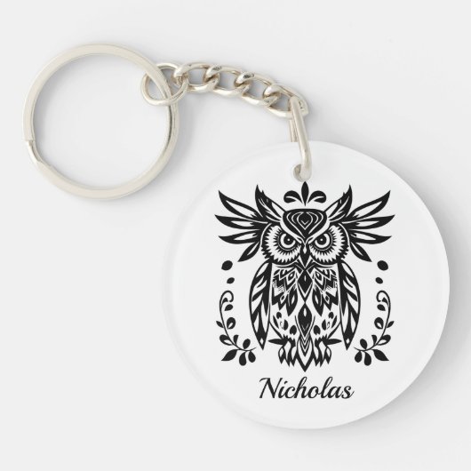Owl Lovers Rustic Woodlands Black White Bohemian Sleutelhanger (Voorkant)