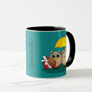 Owl Lovers w/ Umbrella & Chocolade Box Naam toev Mok