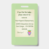 Owl met bloeiende ogen leraar ID-badge Badge (Achterkant)