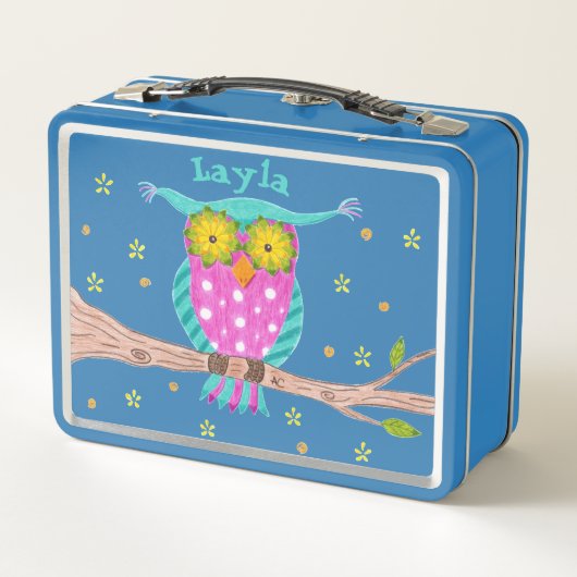 Owl met bloemen ogen kind metalen lunchbox (Achterkant)