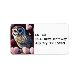 Owl met Fuzzy Hearts Adresetiketten Etiket