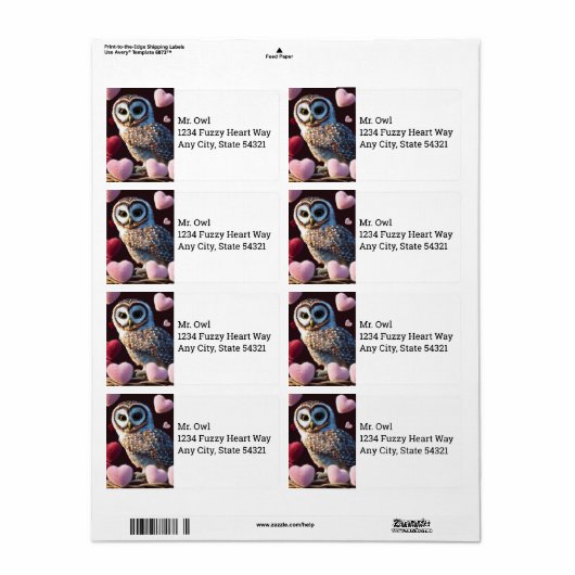 Owl met Fuzzy Hearts Shipping Labels (Full Sheet)