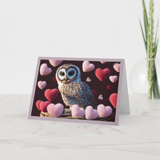 Owl met Fuzzy Hearts Valentijnsdag Kaart (Voorkant)