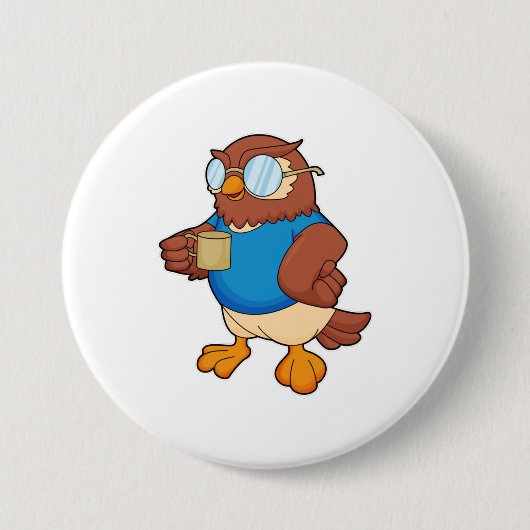Owl met koffie-mok ronde button 7,6 cm (Voorkant)