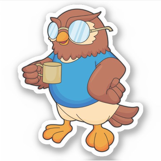 Owl met koffie-mok sticker (Voorkant)