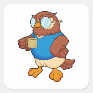 Owl met koffie-mok vierkante sticker