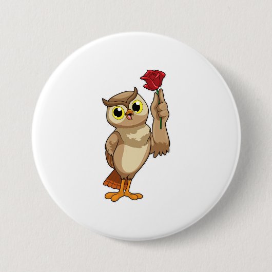 Owl met Roos Ronde Button 7,6 Cm (Voorkant)