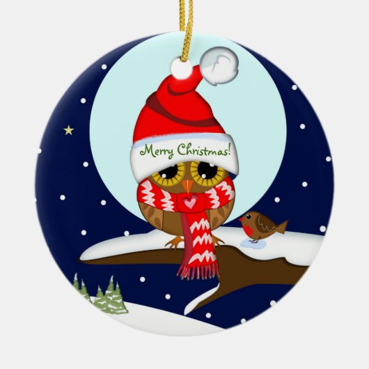 Owl met Santa hat & douanetekst Keramisch Ornament (Voorkant)