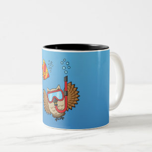 Owl met Snorkel Masker en Tropische Vis Tweekleurige Koffiemok