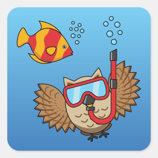 Owl met Snorkel Masker en Tropische Vis Vierkante Sticker (Voorkant)