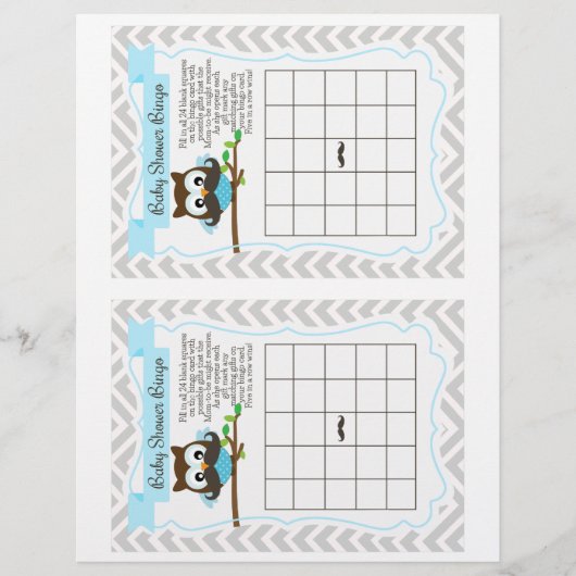 Owl Mustache Baby shower Bingo Game, 2 a pagina (Voorkant)