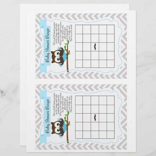 Owl Mustache Baby shower Bingo Game, 2 a pagina (Voorkant / Achterkant)