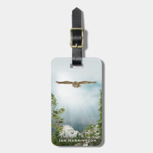 Owl Natuur Lover Mountain Landscape Monogram Naam Bagagelabel