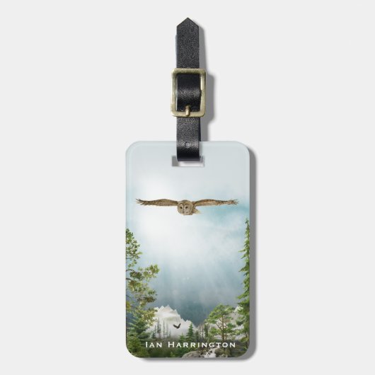 Owl Natuur Lover Mountain Landscape Monogram Naam Bagagelabel (Voorkant verticaal)