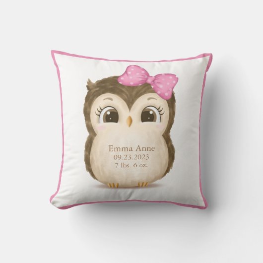 Owl Nursery Birth Stats Girly Keepomwille Waterver Kussen (Voorkant)