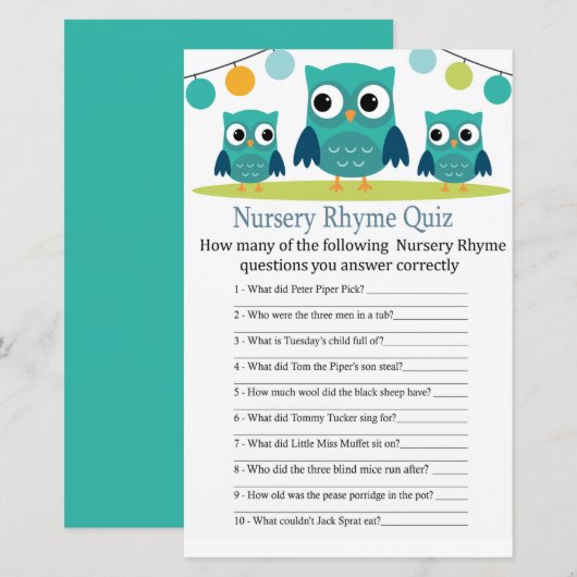 Owl Nursery Rhyme Quiz baby shower game (Voorkant / Achterkant)
