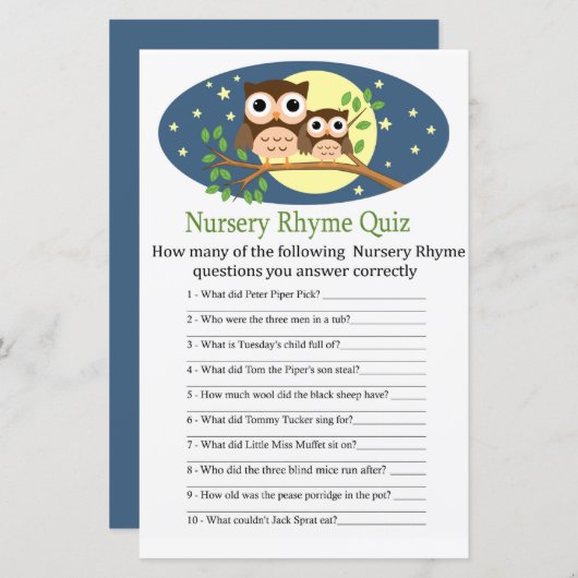 Owl Nursery Rhyme Quiz baby shower game (Voorkant / Achterkant)