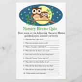 Owl Nursery Rhyme Quiz baby shower game (Voorkant)