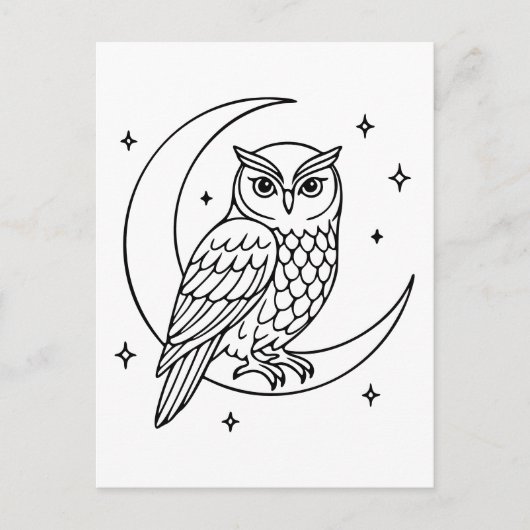 Owl on Crescent Moon with Stars Line Art Briefkaart (Voorkant)