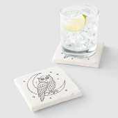  Owl on Crescent Moon with Stars Line Art Stenen Onderzetter (Zijkant)