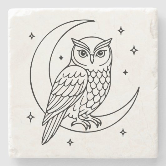 Owl on Crescent Moon with Stars Line Art Stenen Onderzetter (Voorkant)
