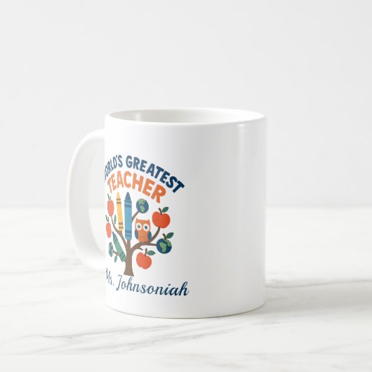 Owl on Tree Worlds Greatest Teacher ft. Crayons Koffiemok (Voorkant links)