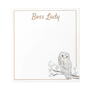 Owl op Branch White Boss Lady of jouw tekst Notitieblok