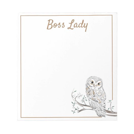 Owl op Branch White Boss Lady of jouw tekst Notitieblok (Voorkant)