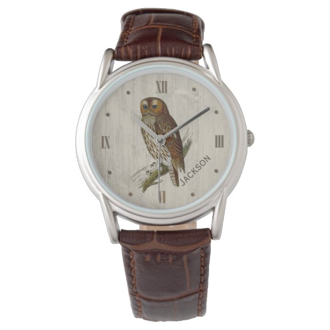 Owl op hout zien Aangepast Horloge (Voorkant)