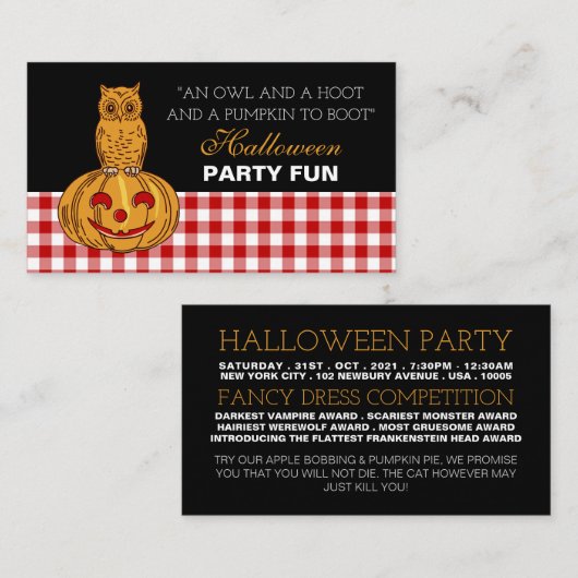Owl op pompoen, Halloween Party Ticket Invitation Informatiekaartje (Voorkant / Achterkant)