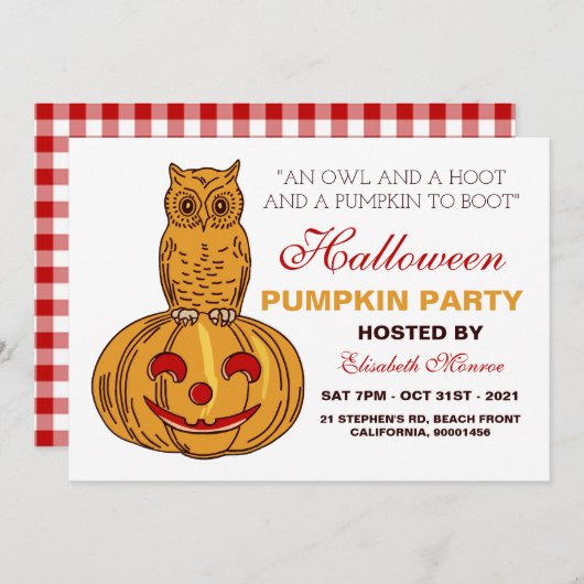 Owl op Pumpkin Halloween Pumpkin Party Gingham Kaart (Voorkant / Achterkant)