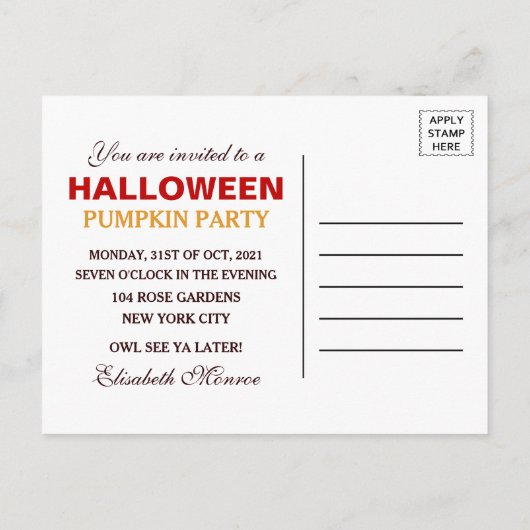 Owl op uitnodiging van Pumpkin Halloween Pumpkin P (Achterkant)