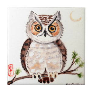 Owl op vertakking met Mon Woodland Minimal Art TUZ Tegeltje