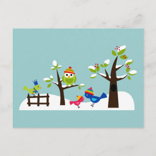 Owl Ows Birds Winter Snow Cute Tree Cartoon Briefkaart