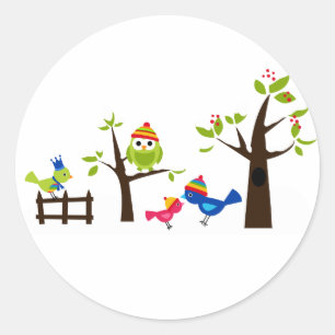Owl Ows Birds Winter Snow Cute Tree Cartoon Ronde Sticker