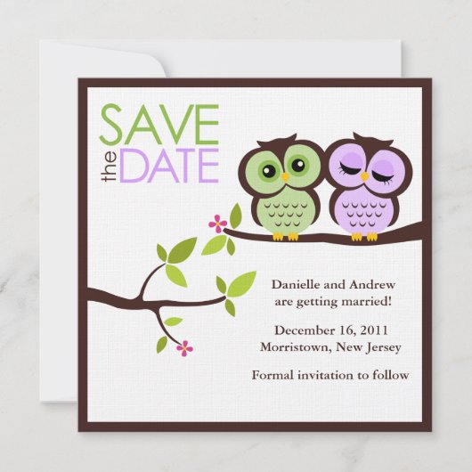 Owl paar bruiloft sparen de Datum Save The Date (Voorkant)