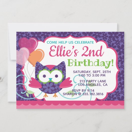 Owl Pal Girl's Birthday Party Invitation Kaart (Voorkant)