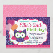 Owl Pal Girl's Birthday Party Invitation Kaart (Voorkant / Achterkant)