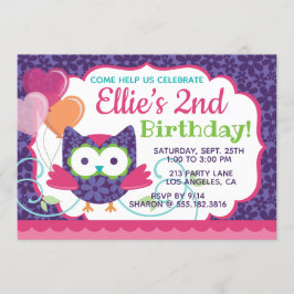 Owl Pal Girl's Birthday Party Invitation Kaart