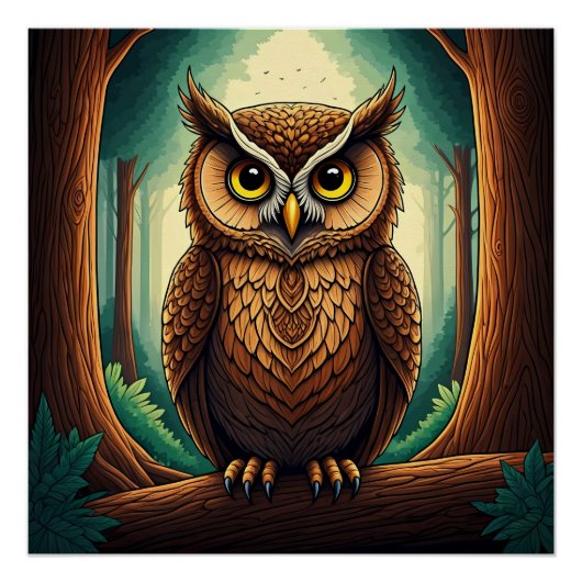 Owl perched on a tree log in a forest perfect poster (Voorkant)