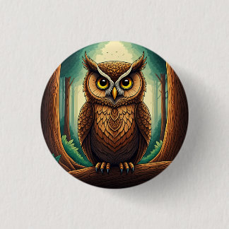 Owl perched on a tree log in a forest ronde button 3,2 cm