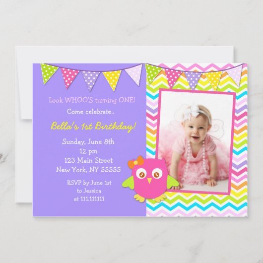 Owl Photo Birthday Party Invitation Kaart (Voorkant)