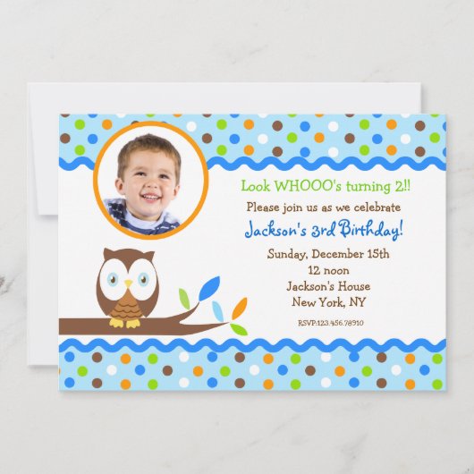 Owl Photo Birthday Party Invitations Boy Kaart (Voorkant)
