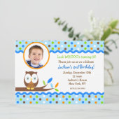 Owl Photo Birthday Party Invitations Boy Kaart (Staand voorkant)