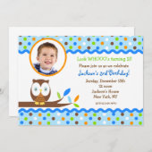 Owl Photo Birthday Party Invitations Boy Kaart (Voorkant / Achterkant)