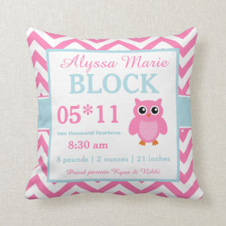 Owl Pink Blue Baby Announcement Pillow Kussen